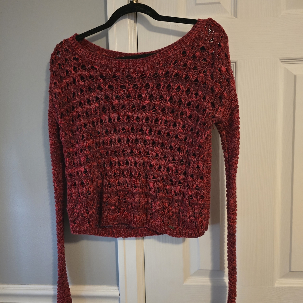 Hollister Open-Knit Scoop Neck Sweater in Berry Red